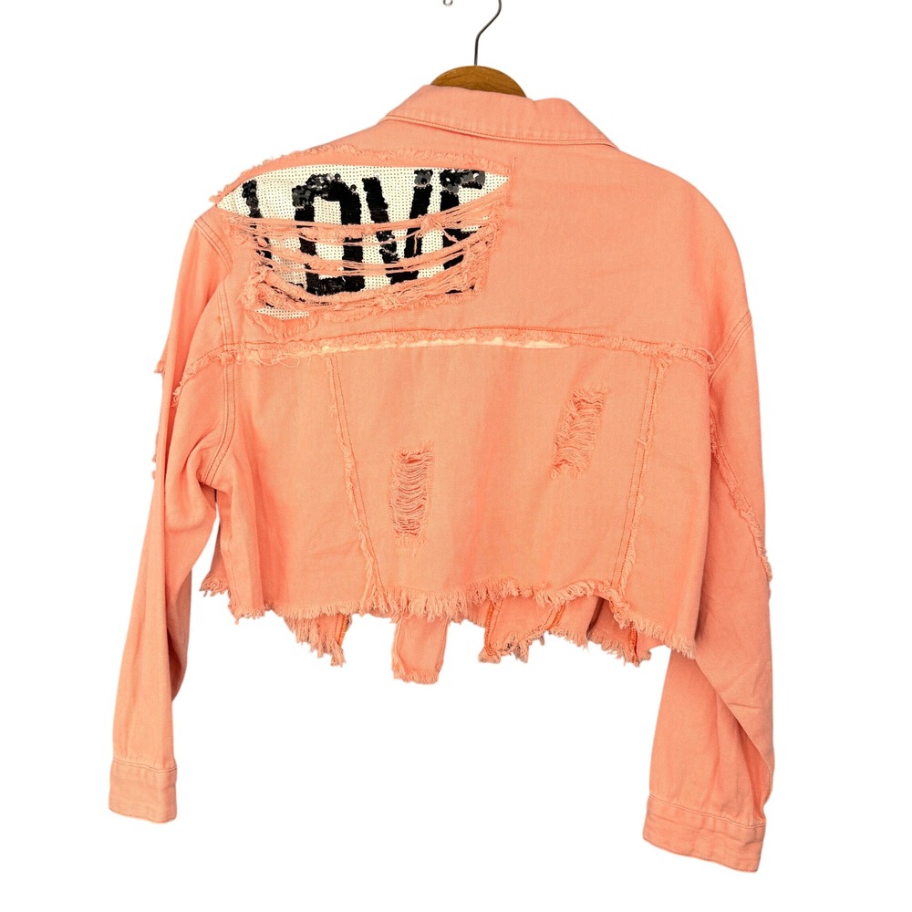 POL Denim Jacket Womens Large Peach Distressed Sequin Love Cropped Frayed - Picture 3 of 8